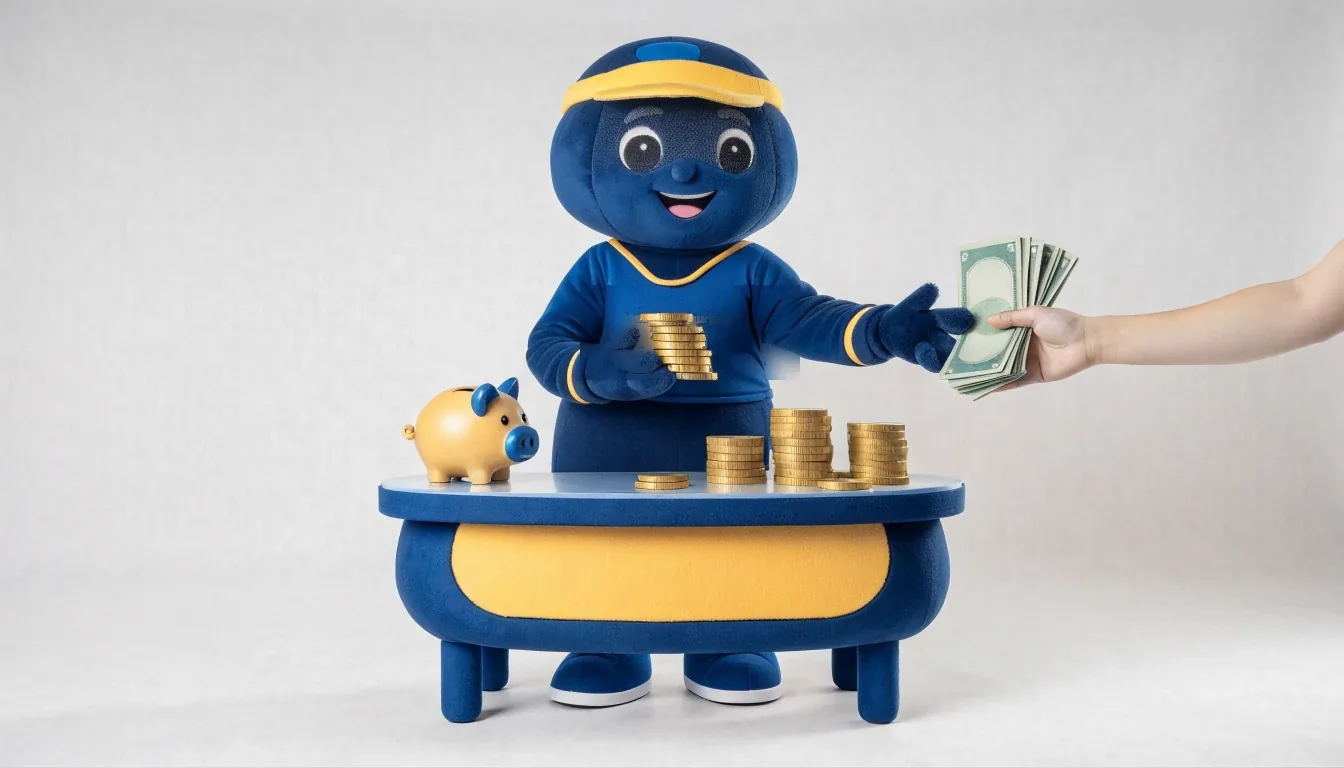 Fili, la mascota de Fila de Puentes, cambiando dólares por pesos mexicanos en un pequeño mostrador