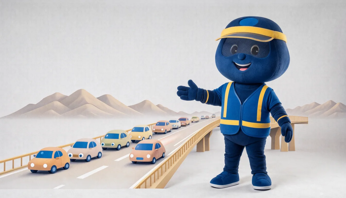 Fili, la mascota de Fila de Puentes, con chaleco de tráfico presentando la fila de autos en el puente